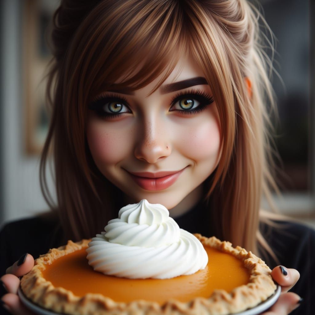 Woman Holds Pumpkin Pie With Cool Whip