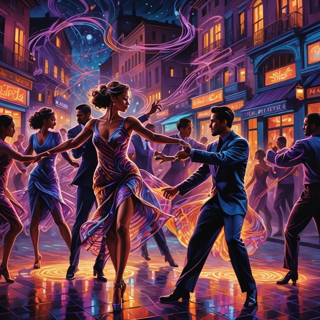 Neon Dancers Tango in Dark Square: Digital Art