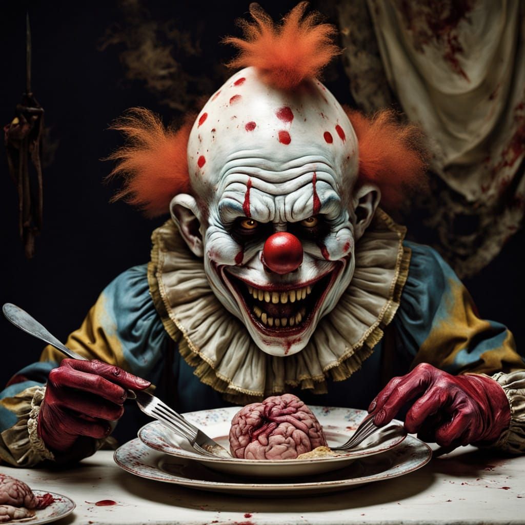 Grotesque Zombie Monkey Clown Prepares to Devour Human Brain