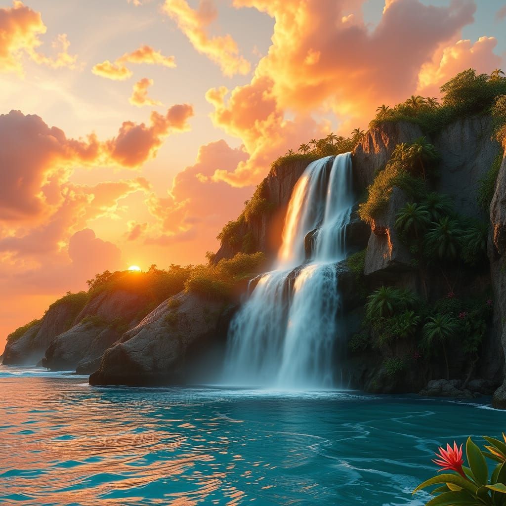 Waterfall with sunset light