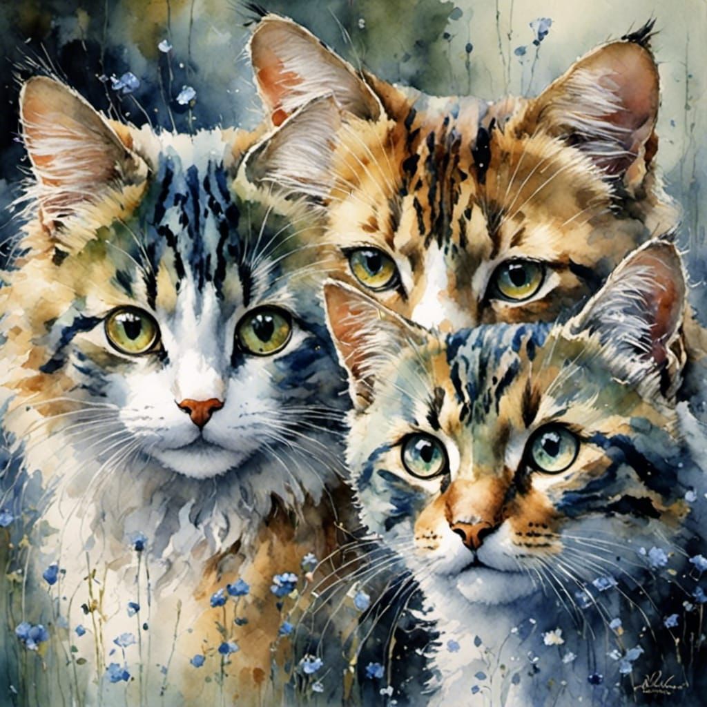 Moody Cats with Large Eyes in Somber Style