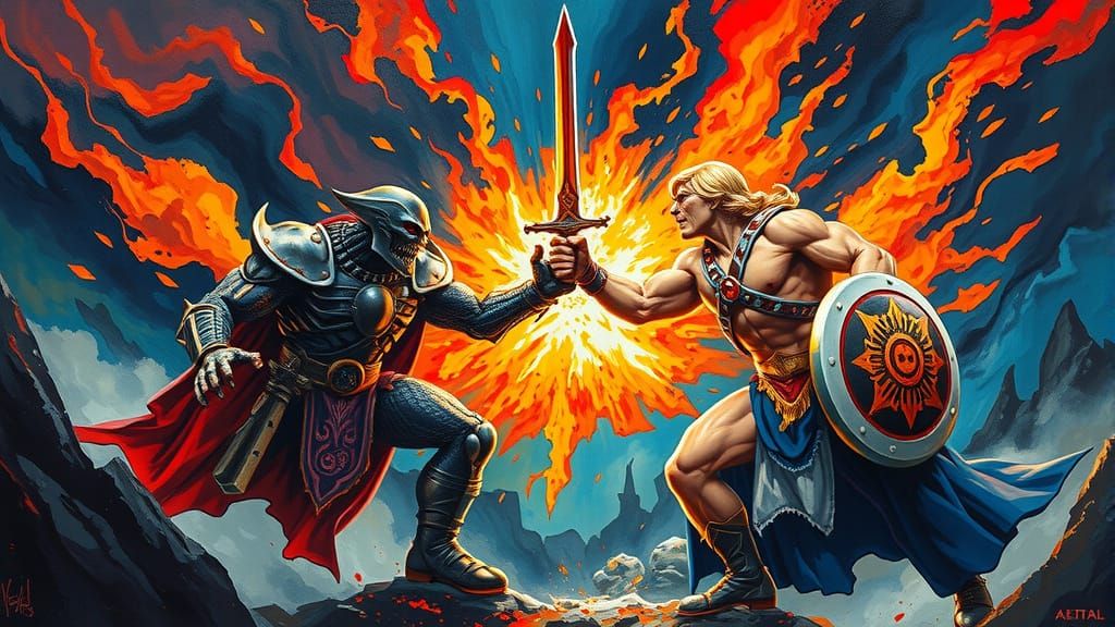 He-Man and Skeletor Clash: Gouache Style Battle