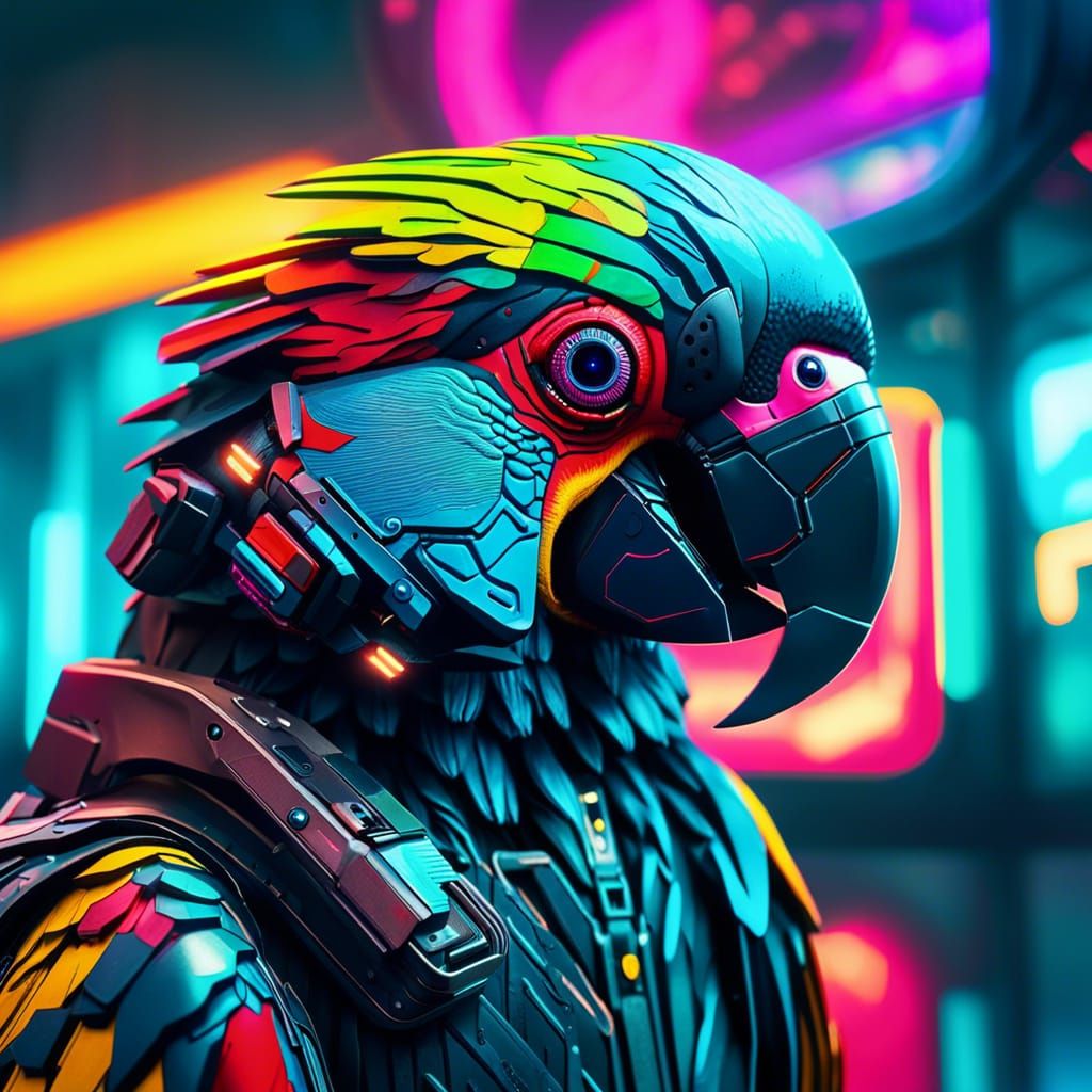 Cyberpunk Parrot Cyborgs in Neon City Apartment