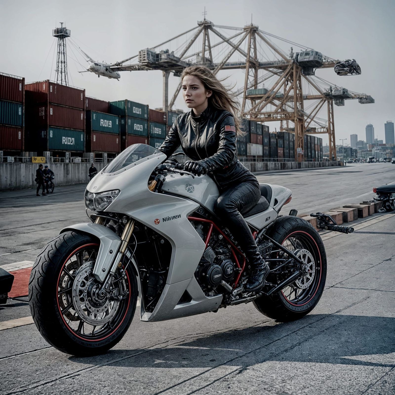 Futuristic Woman Motorcyclist on Flying Lazareth, Studio Qua...