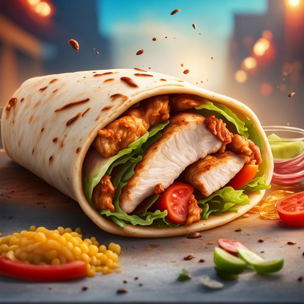 shawarma,chicken wrap, arabic fast food with meat and vegetables in pita bread, meal on the grill of shawarma,