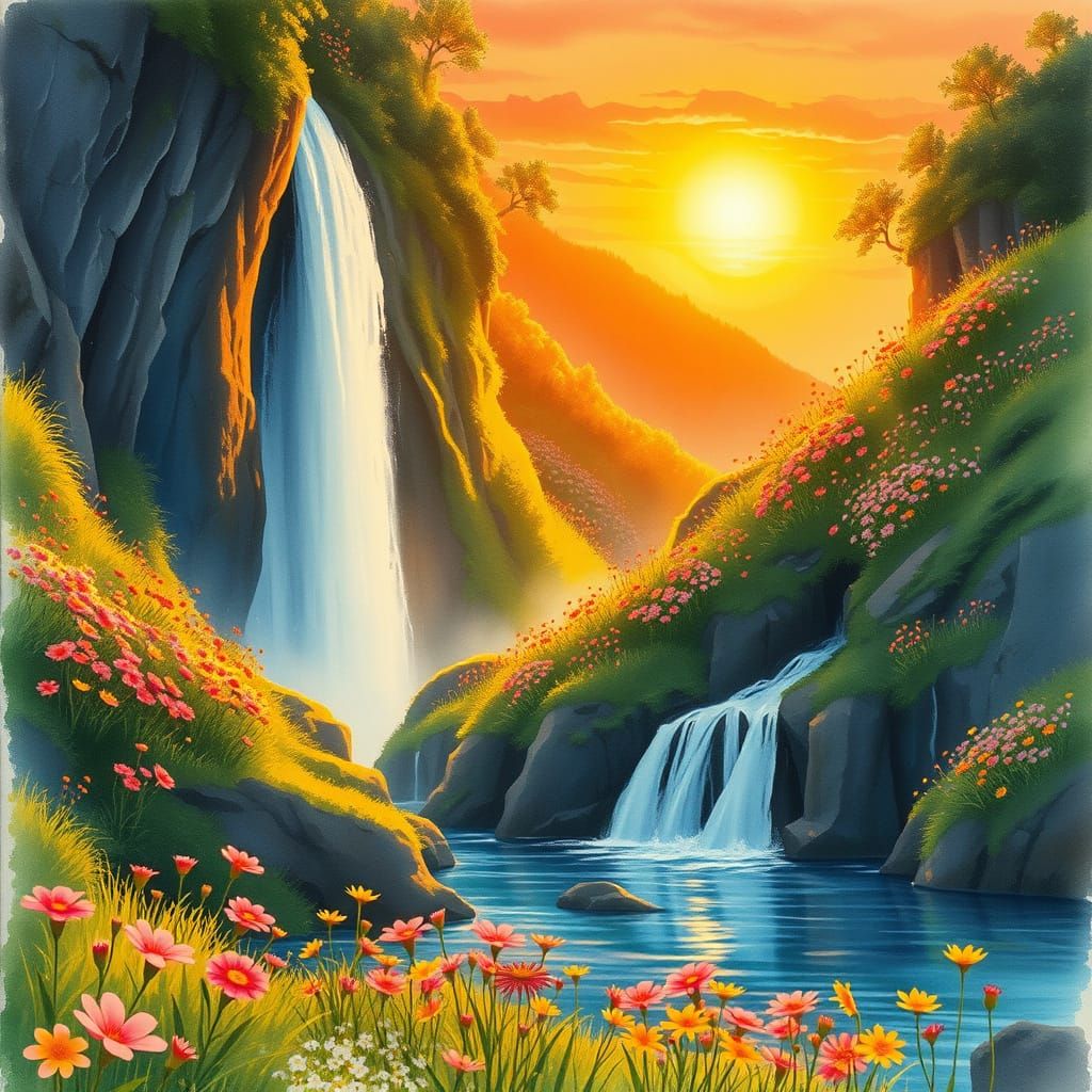 Whimsical Sunset Landscape with Waterfall in Watercolor Ink