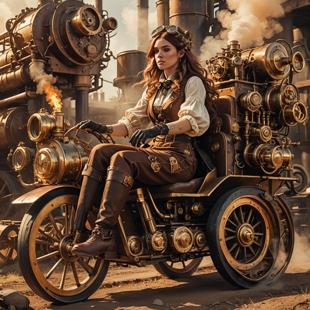 Girl in Steampunk Billy-Cart Rides Down a Hill