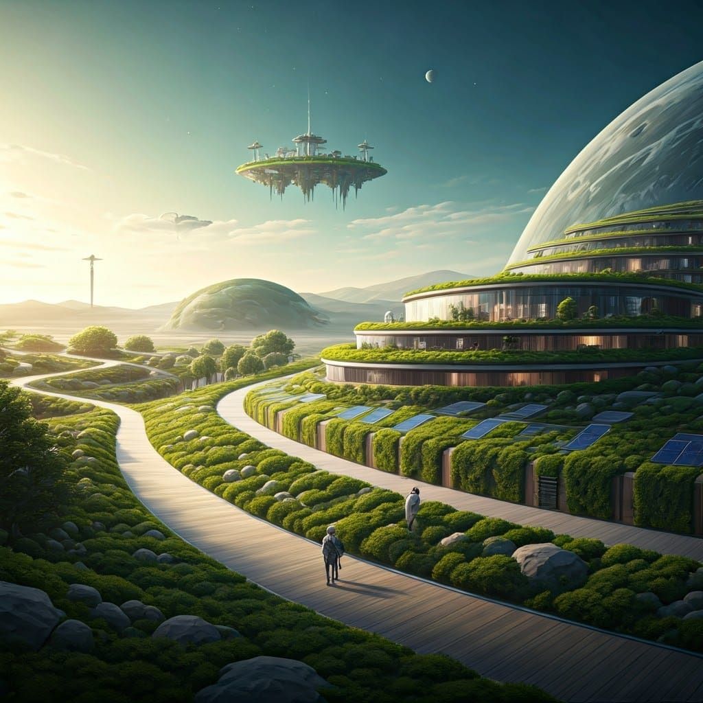 Lunar Oasis with Glowing Pathways and Futuristic Architectur...