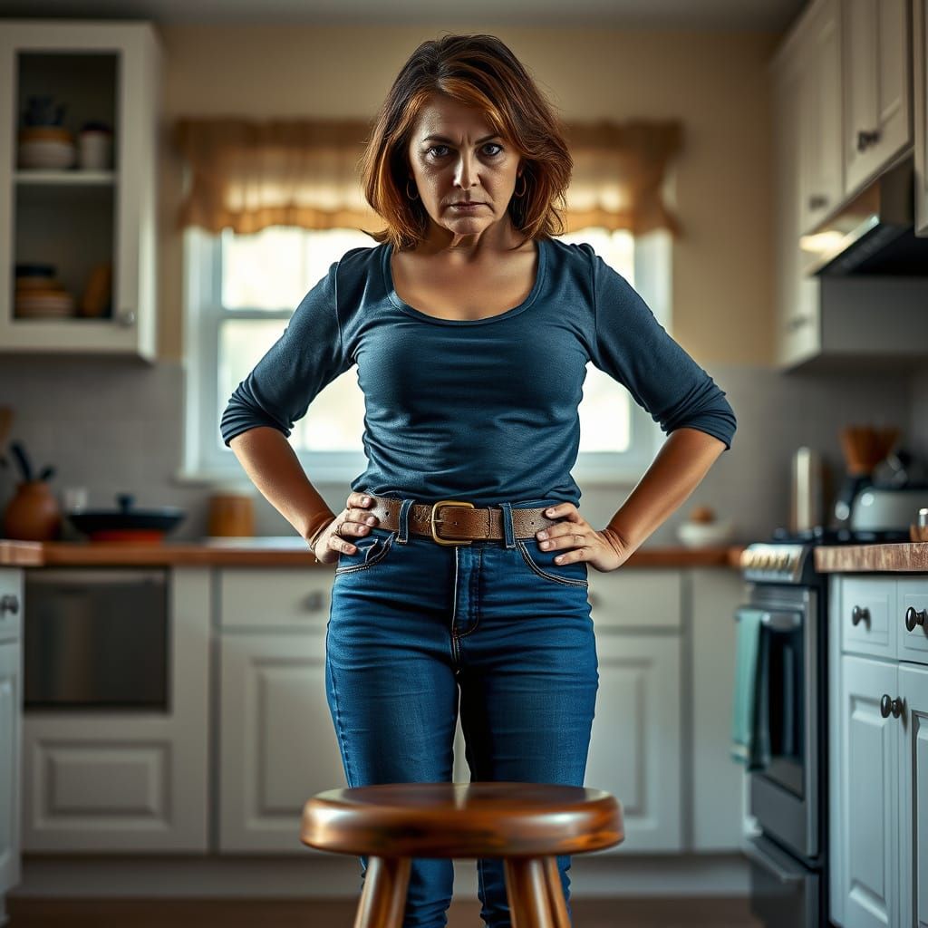 Stern Woman in Kitchen, Photorealistic Portrait