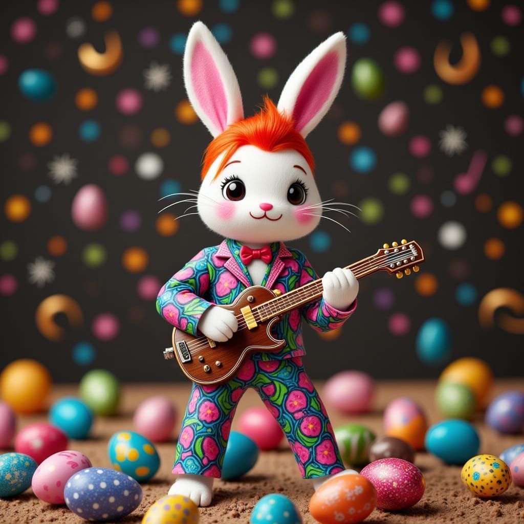 <lora:Draw Like A Kid:1.0> David Bowie's Ziggy Stardust  anthropomorphic bunny, dressed in a flamboyant, avant-garde out...