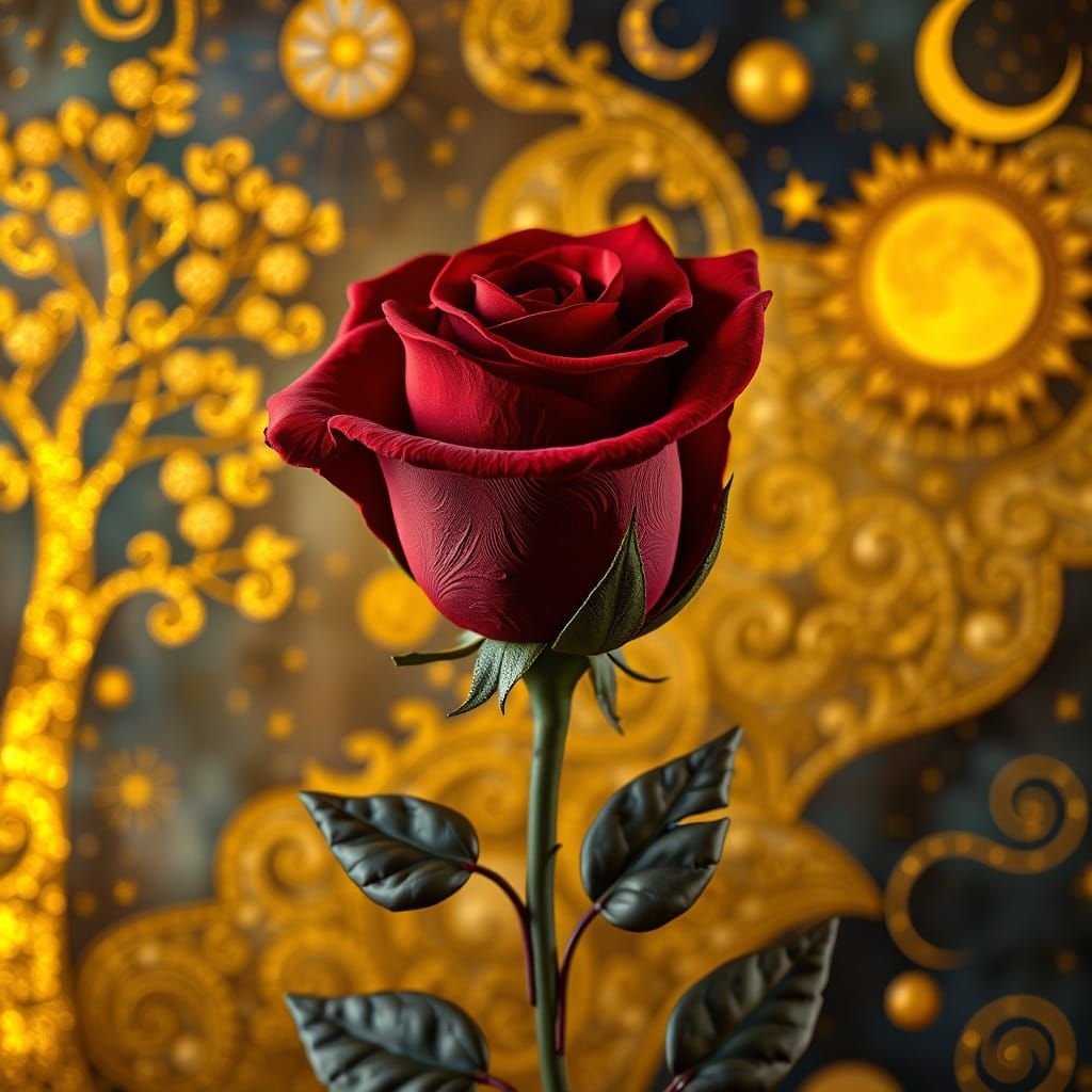 Velvety Crimson Rose in Golden Opulence