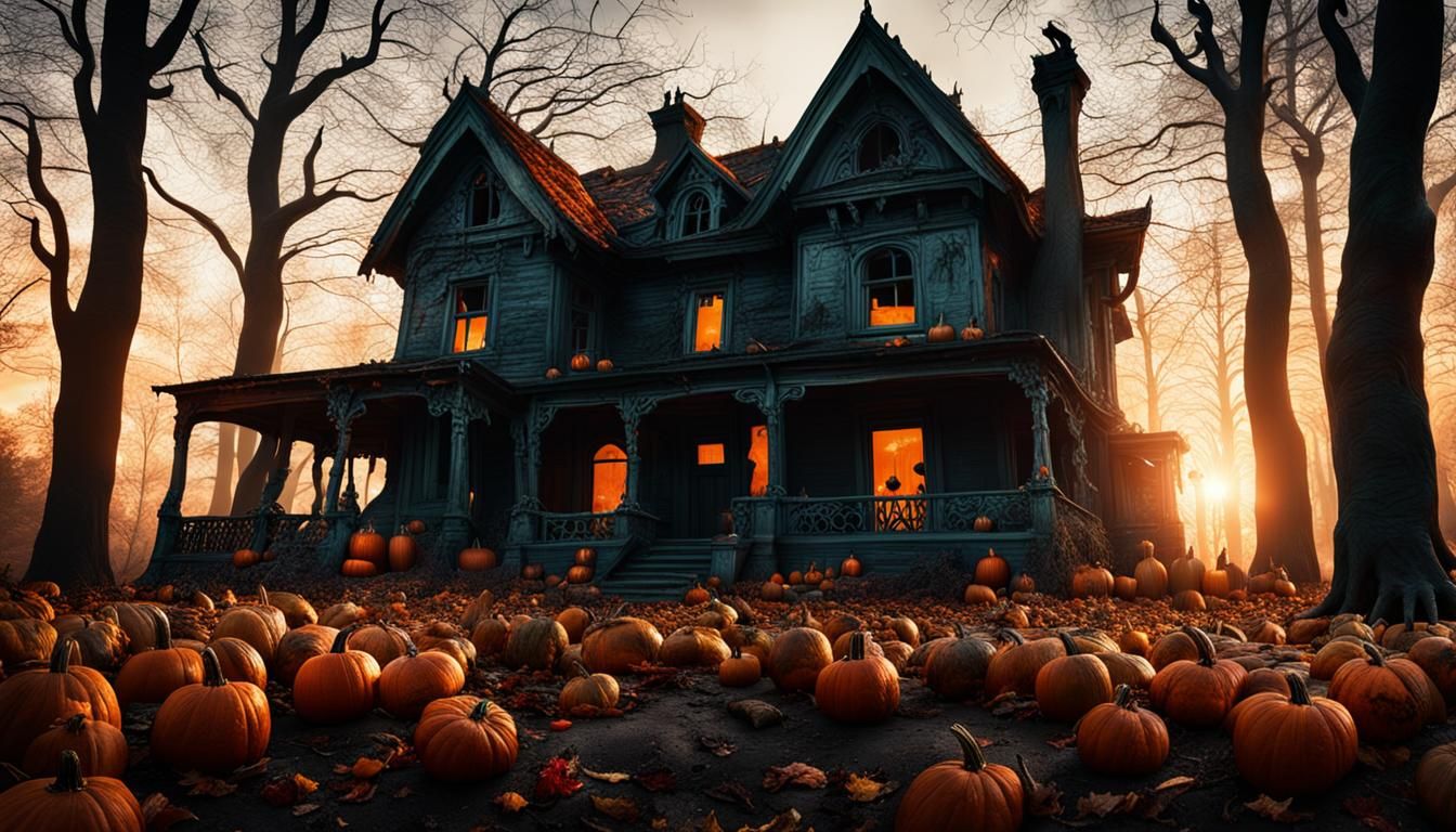 Spooky House Surrounded by Carved Pumpkins