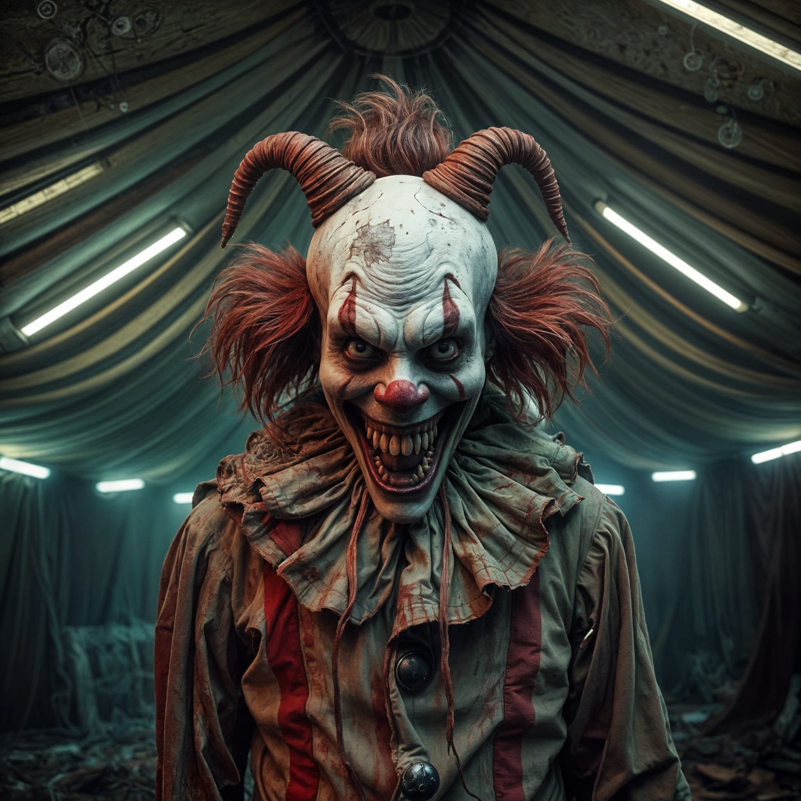 Grotesque Clown in Dilapidated Circus Tent