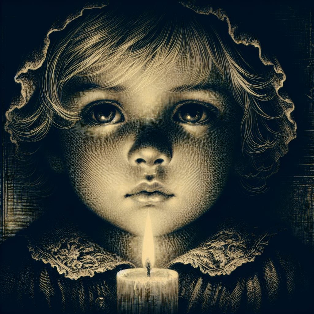 A small face lit up by a candle