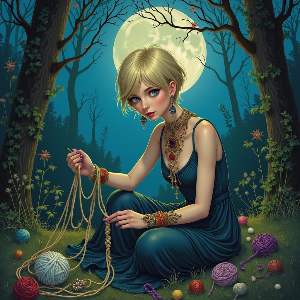 Macrame Artist in Mystical Moonlit Forest