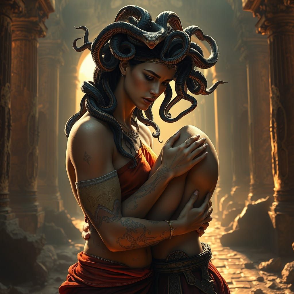 Medusa's Tender Embrace in Ancient Ruins