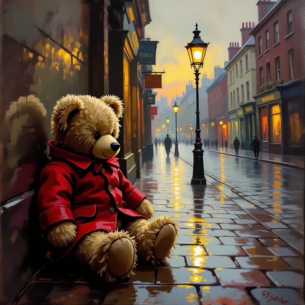 Teddy Bear in Red Coat on Cobblestone Street