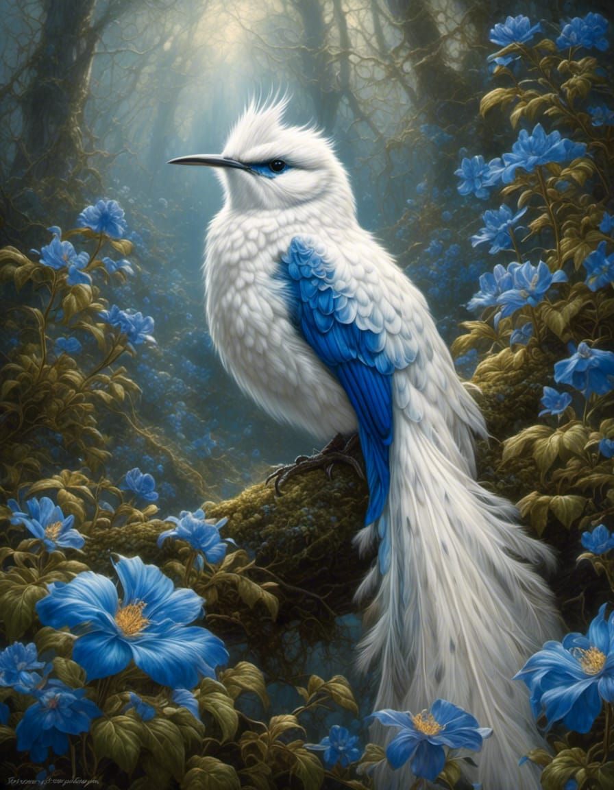 Enchanted Blue and White Bird in HDR Style