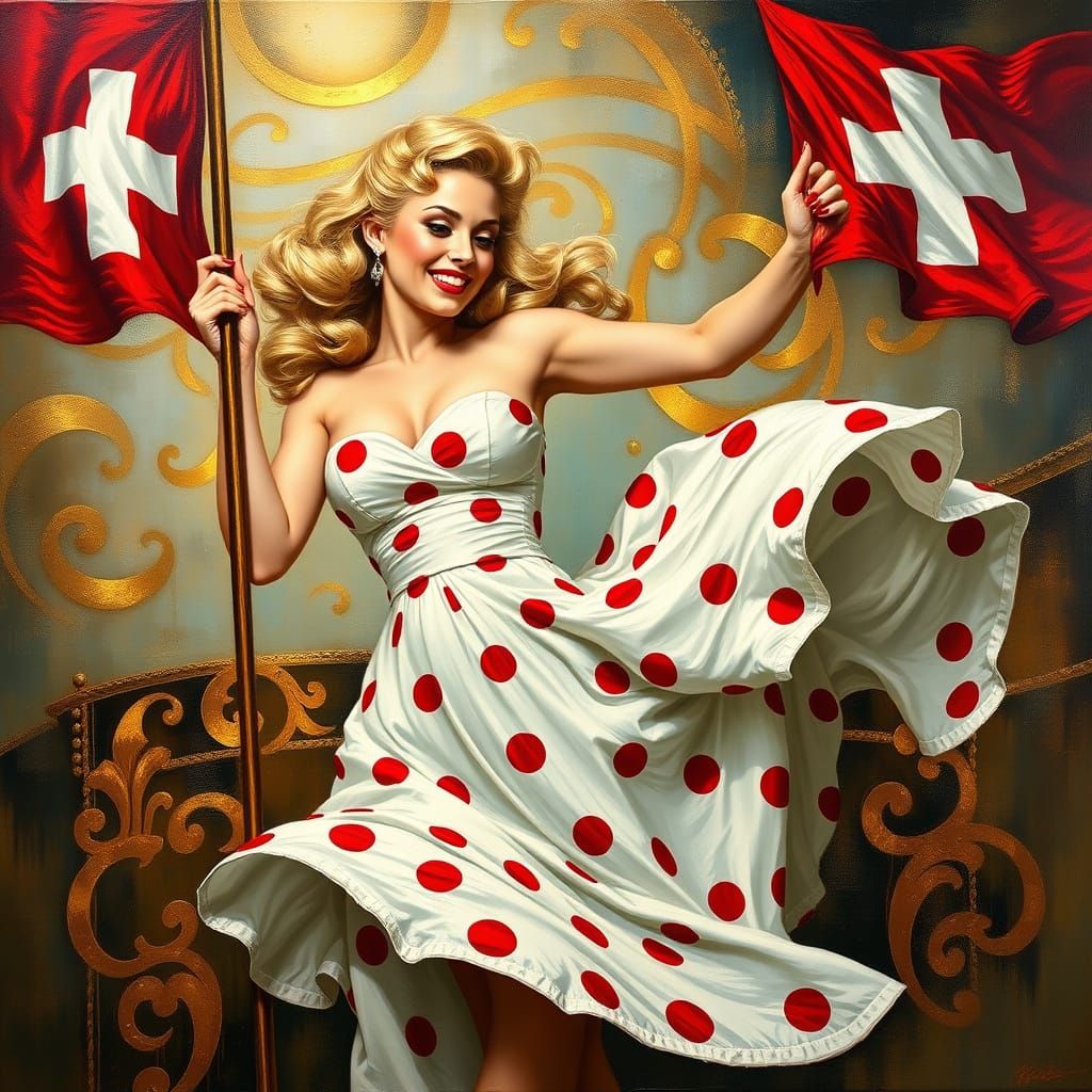 Vibrant Rockabilly Princess Swings Swiss Flag
