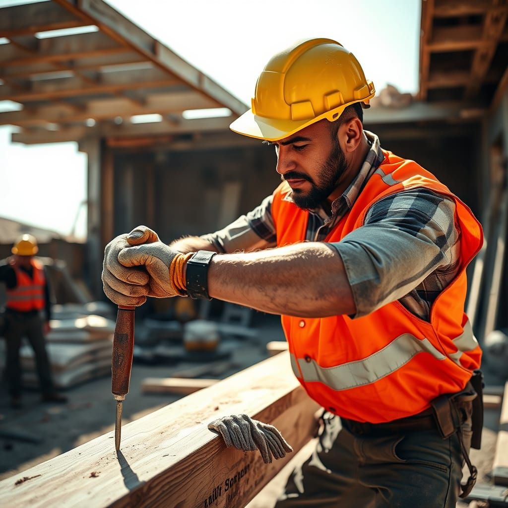 Construction Worker Hammers Nail on Site