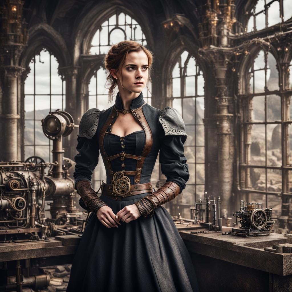 Steampunk Emma Watson in Medieval Castle Ruins