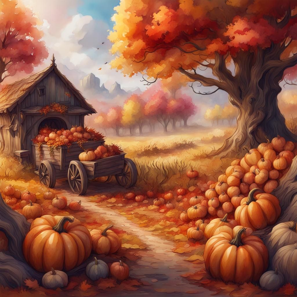 Autumn Harvest: Detailed Watercolor Painting in Fantasy Styl...