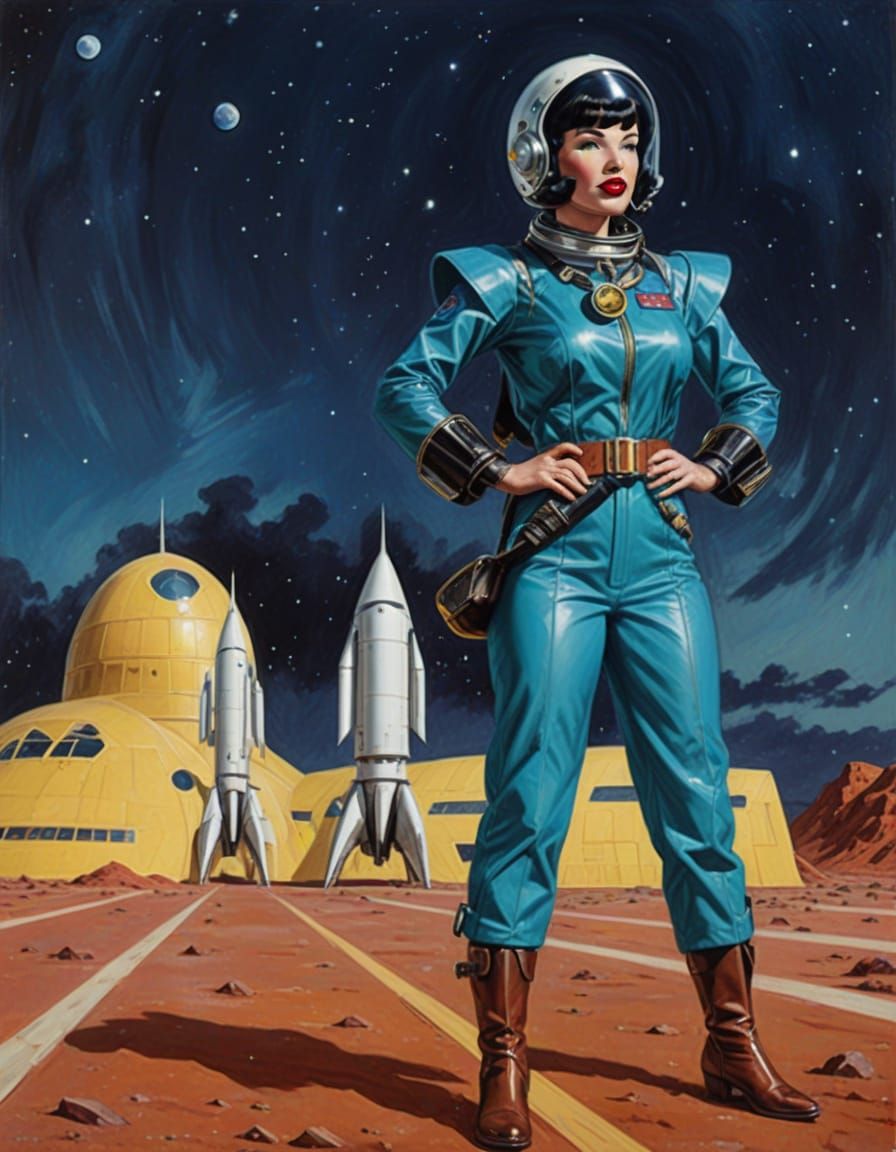 Retro Sci-Fi Pinup in Space, Oil Painting Style