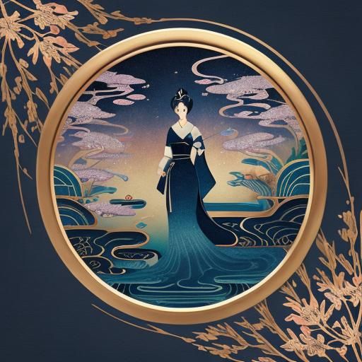 Art Deco Woman with Koi Fish in Water Garden