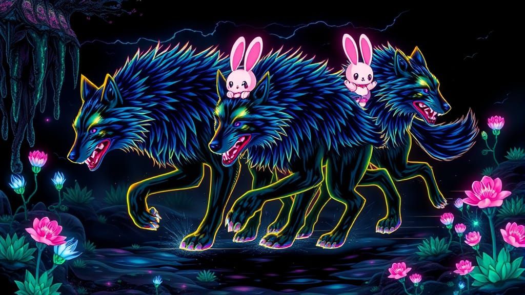 Neon Wolves and Bunnies in Dreamy Surrealism