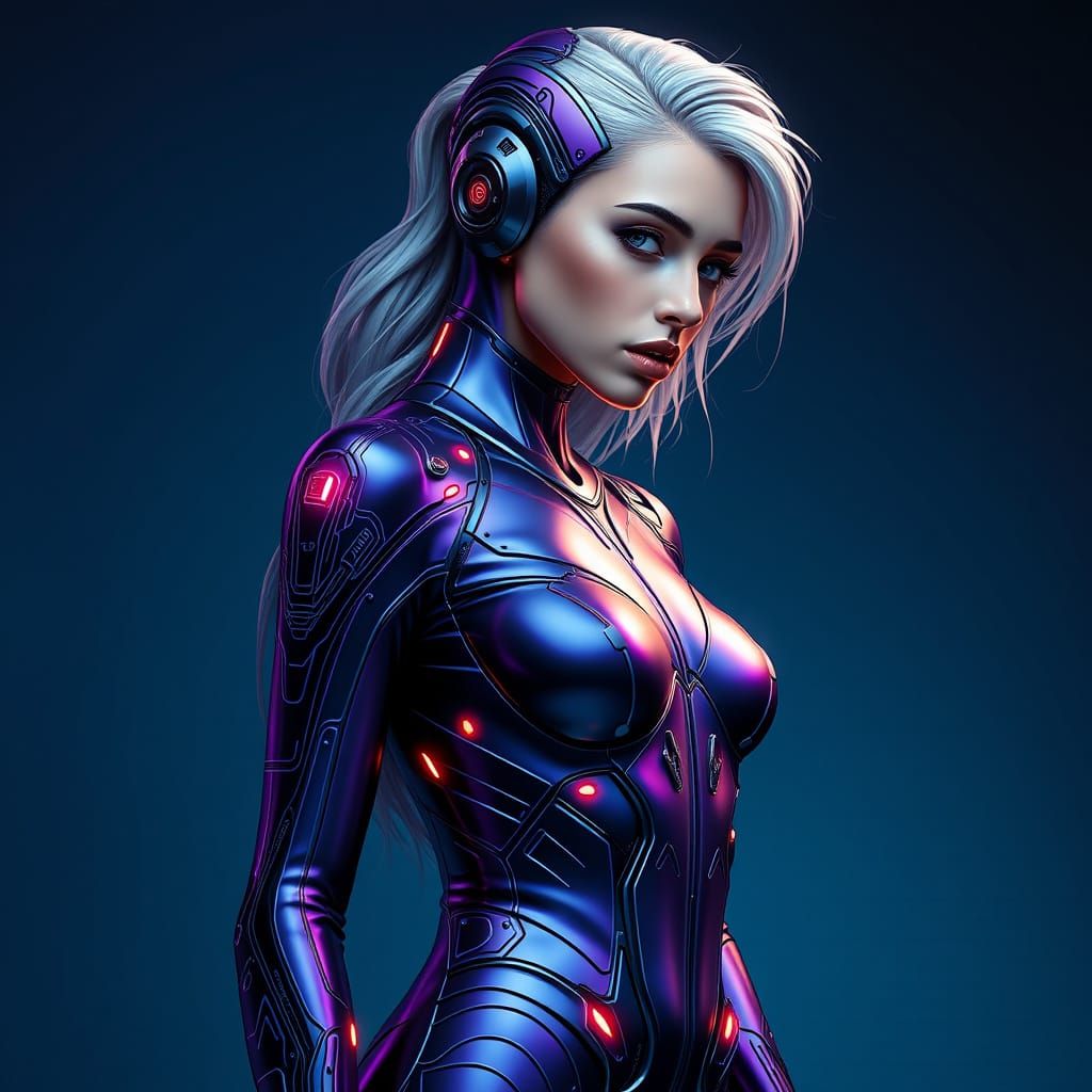 Futuristic Female Figure in Metallic Skinsuit