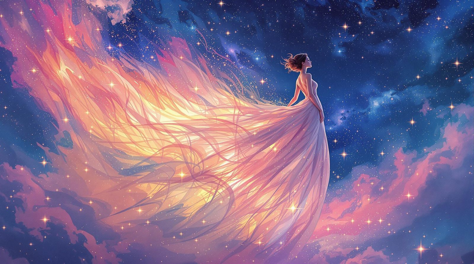 Ethereal Woman Blends into Starry Celestial Skies in Dreamli...