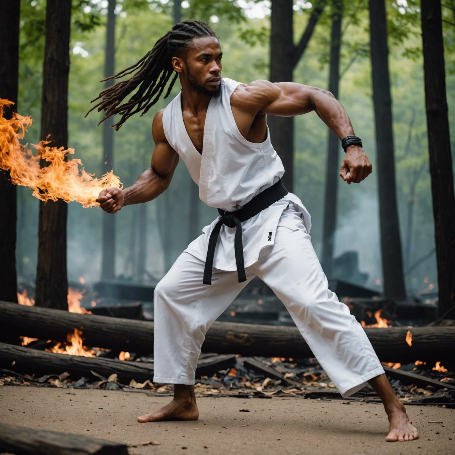 Focused Martial Artist with Fire Aura in Ruined City