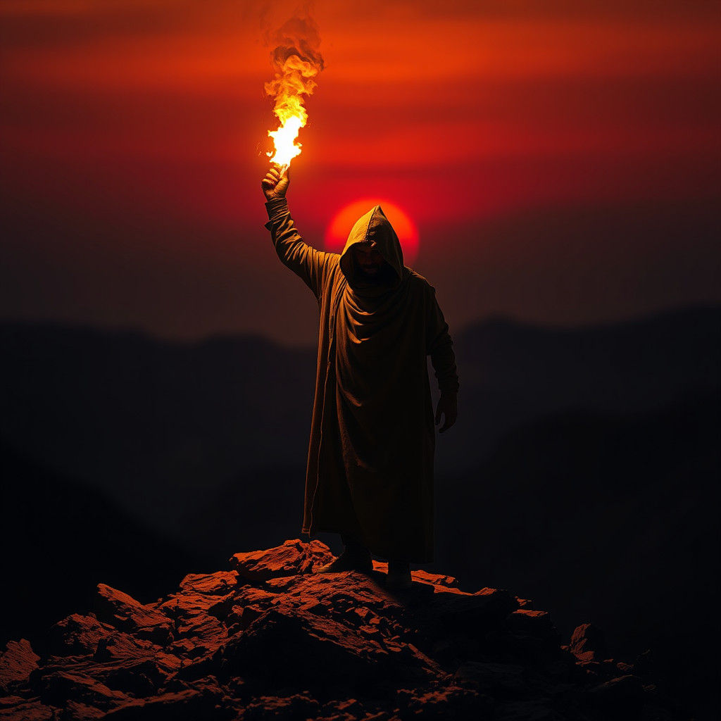 Figure with Flare at Fiery Sunset in HDR