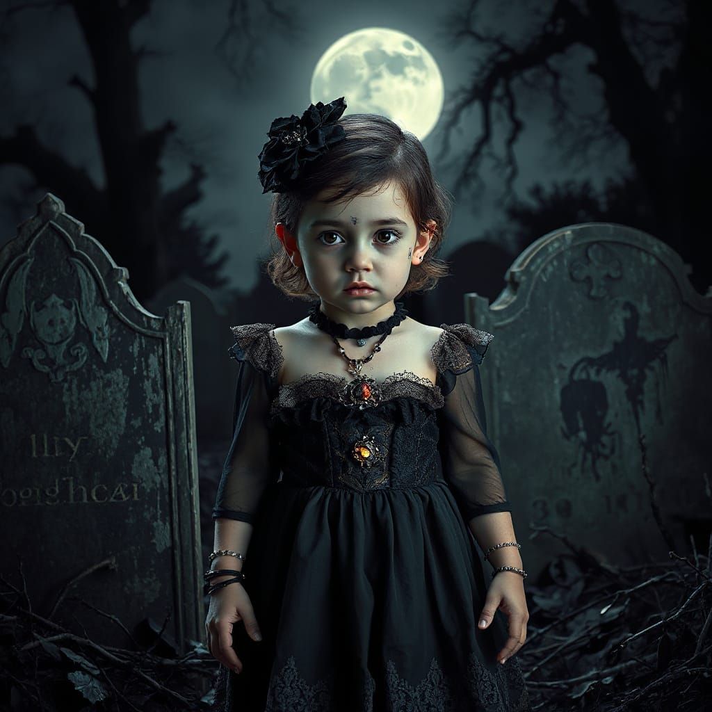 Gothic Baby in Graveyard with Full Moon