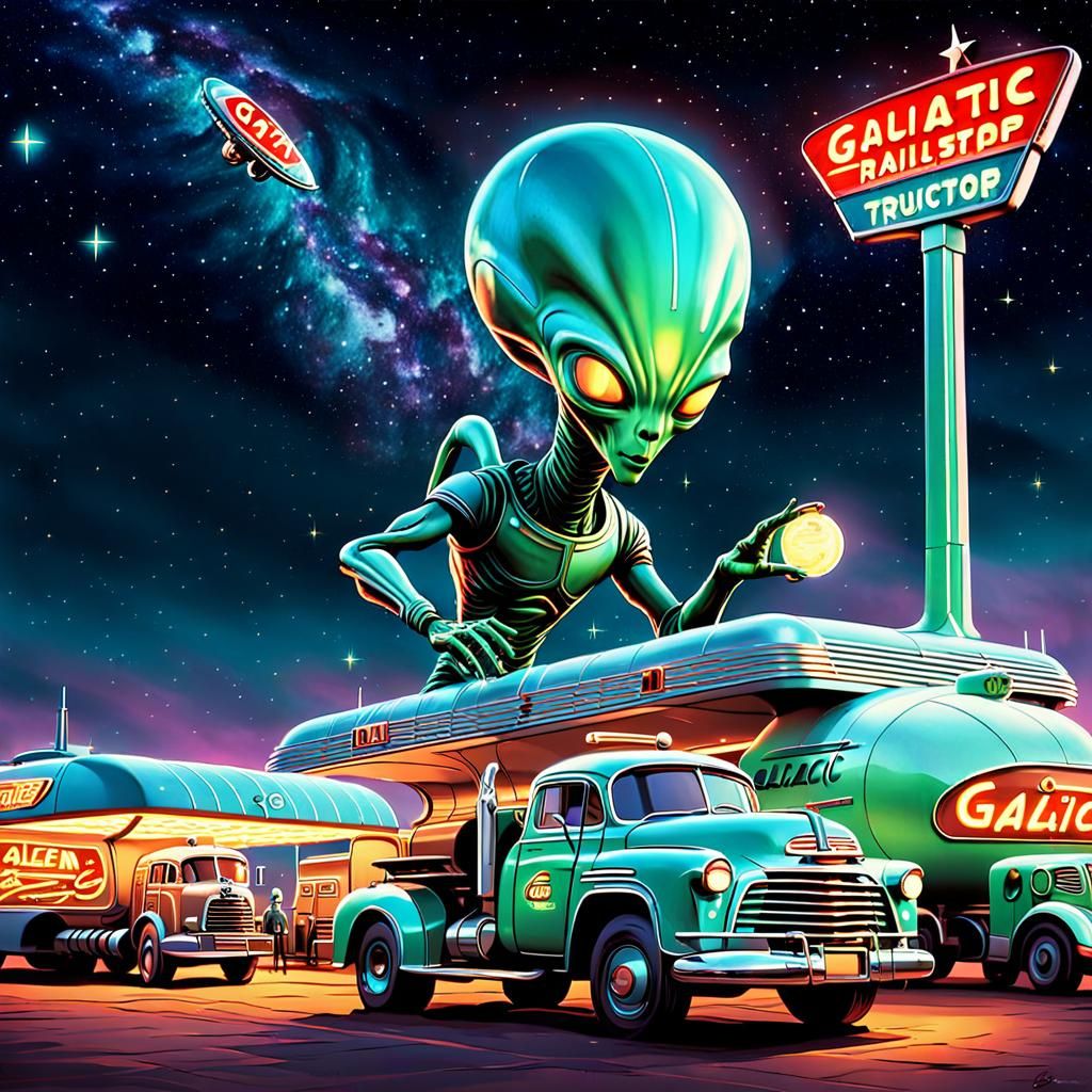 Alien Gas Station in Retro-Futuristic Sci-Fi Style