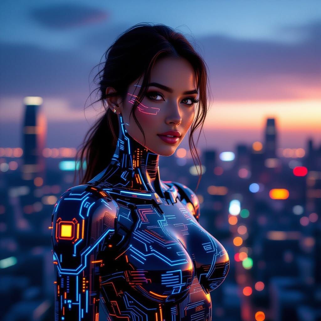 AI Woman Made of Circuits in Futuristic Cityscape