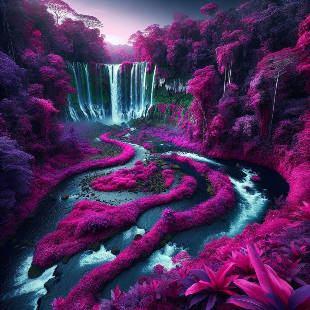 Purple Waterfall in Pink and Purple Rainforest