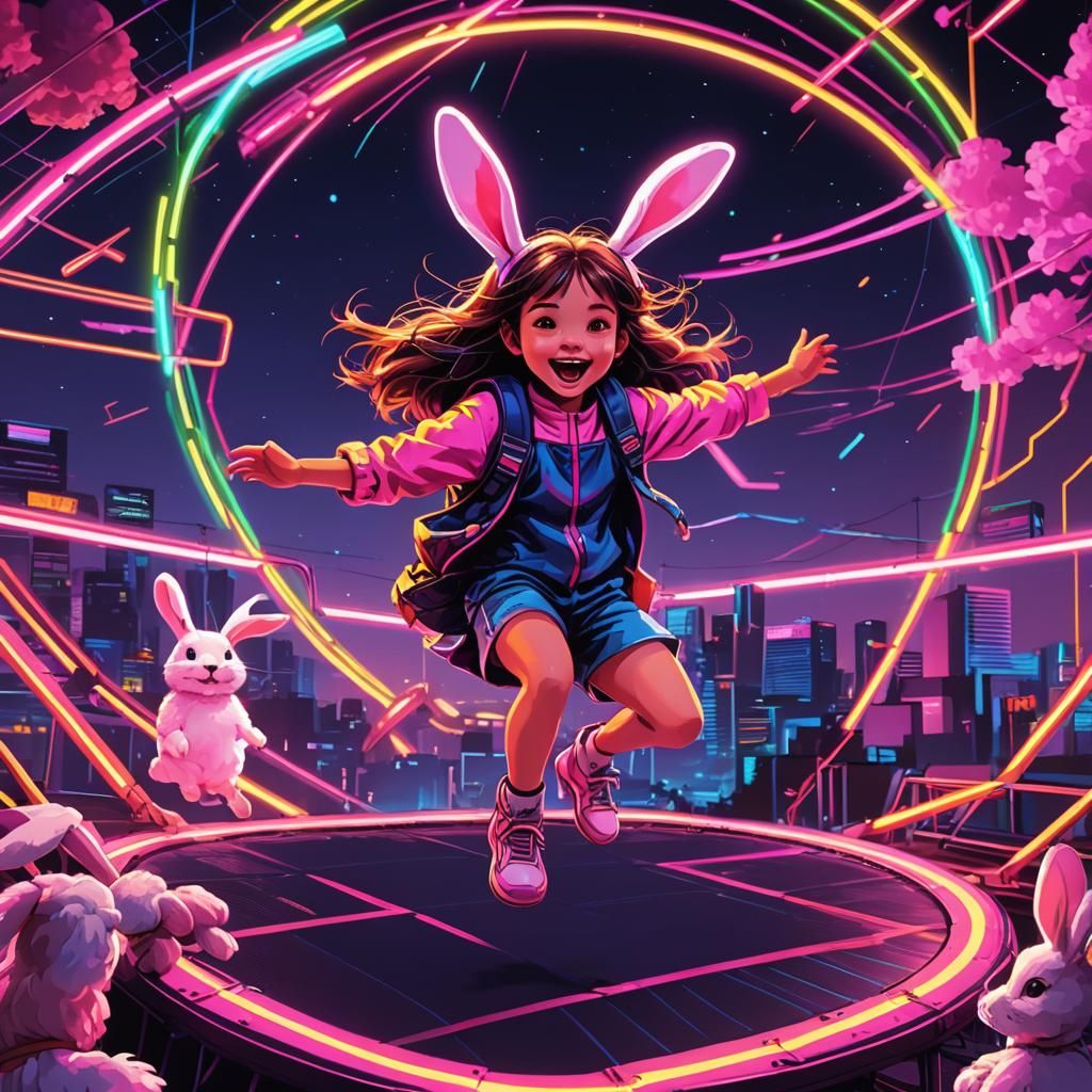 Neon Child and Rabbit Jumping in Synthwave Style