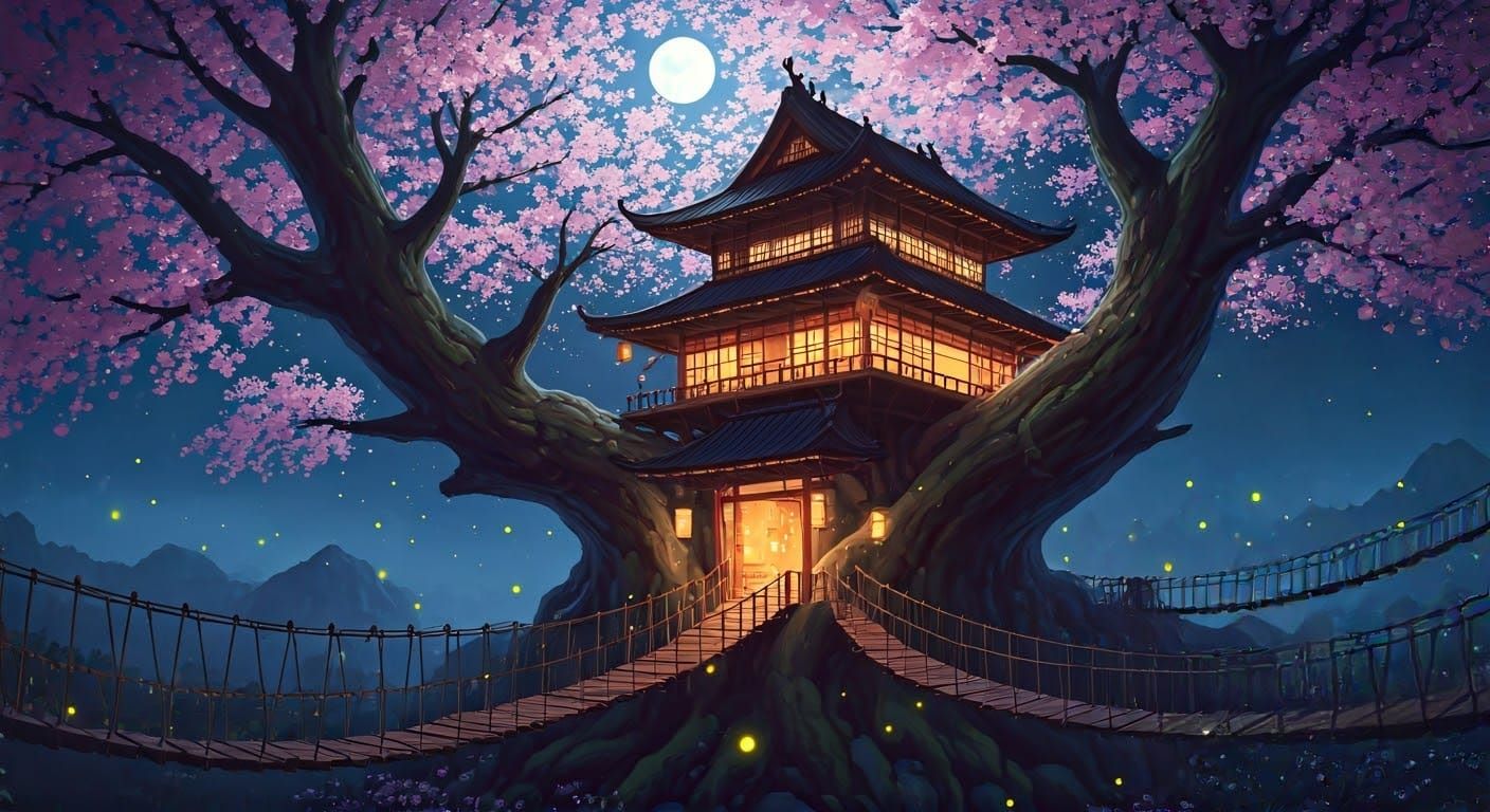 Glowing Cherry Blossom Treehouse Under Full Moon