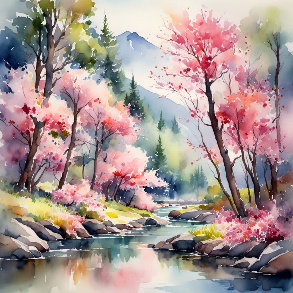 Cherry Blossom Forest Landscape in Watercolor Art