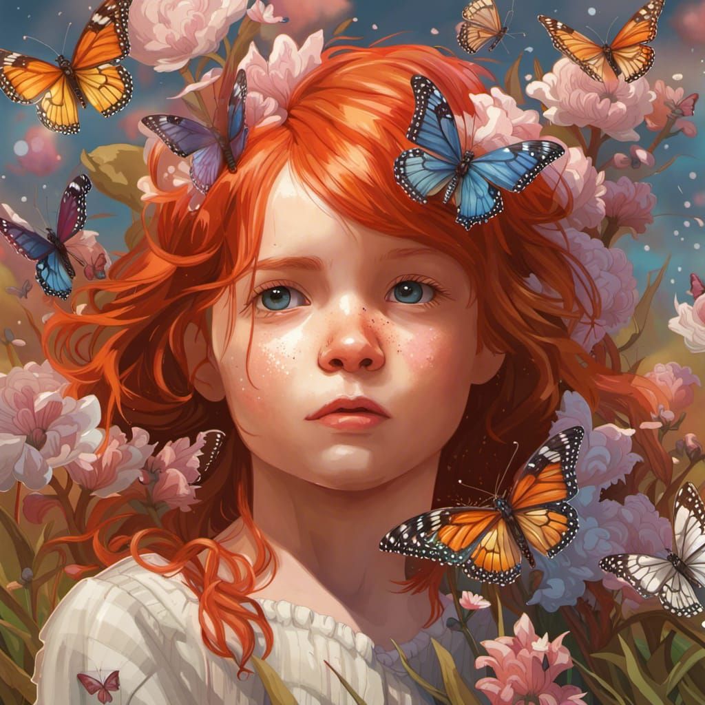 Redhead Girl with Butterflies: Hyperdetailed Portrait