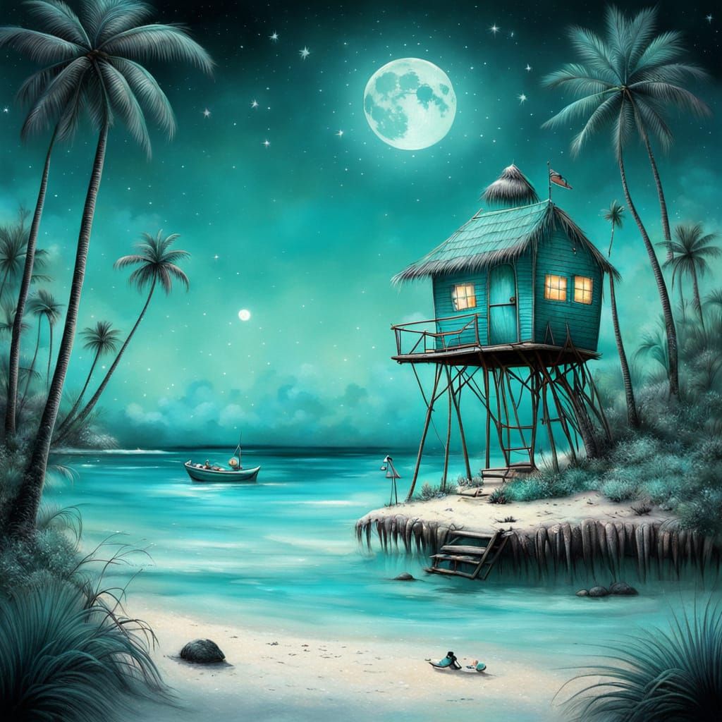 Castaway Building a Turquoise Hut on Island