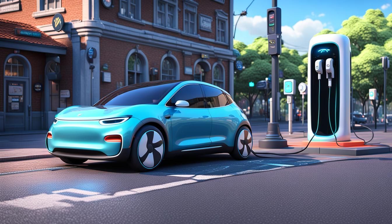 Cartoon Electric Car at Charging Station: 3D Render