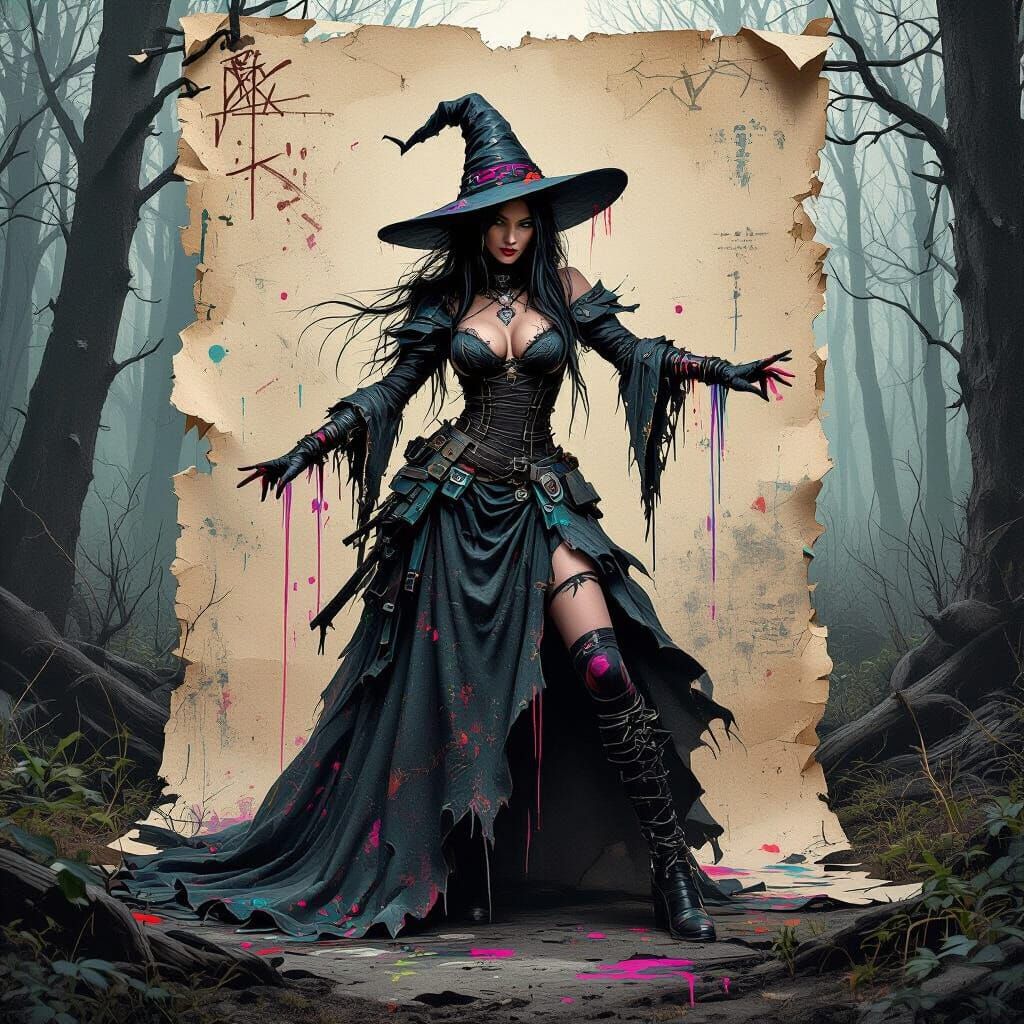 Cyberpunk Witch in Ruined Forest: Ink Sketch & Neon Graffiti
