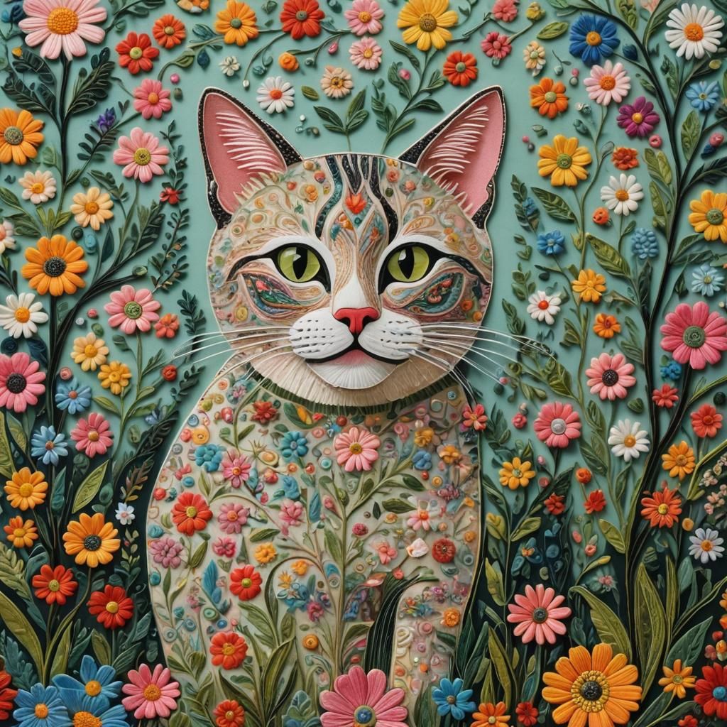 Cat in Springtime Flowers: Whimsical Naive Art