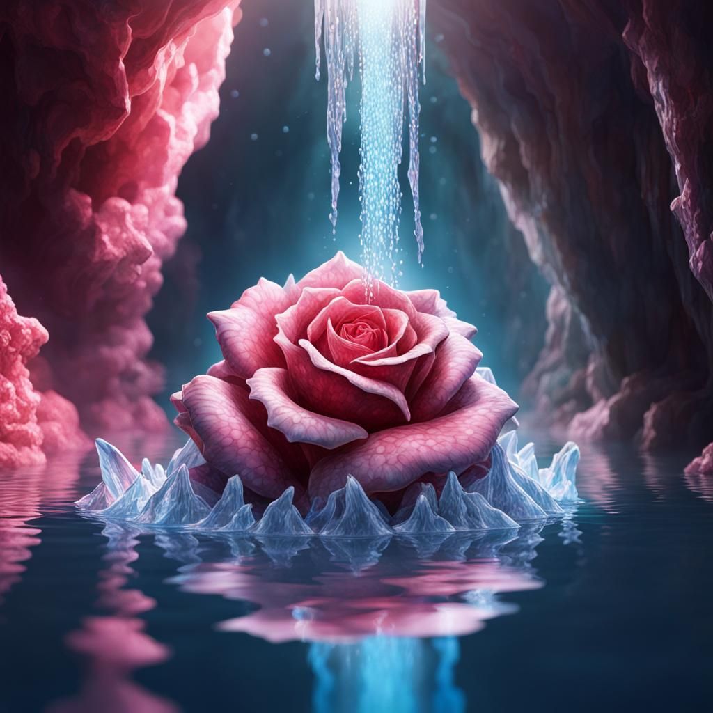 Rose Crystal Cave: Hyperrealistic Splash Art