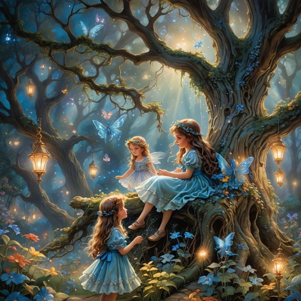 Victorian Girl and Fairies in Electroluminescent Art