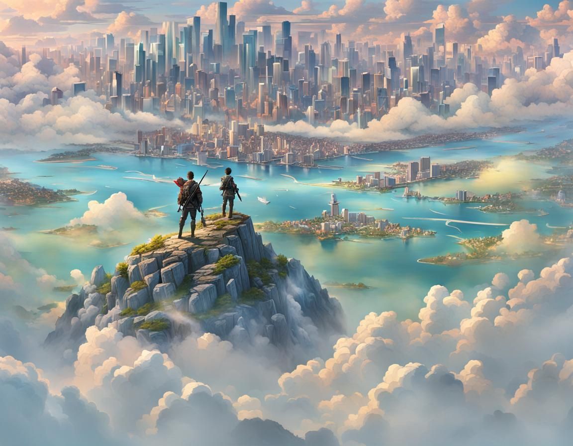 Teen Warrior Gazes at Floating City in Anime Style