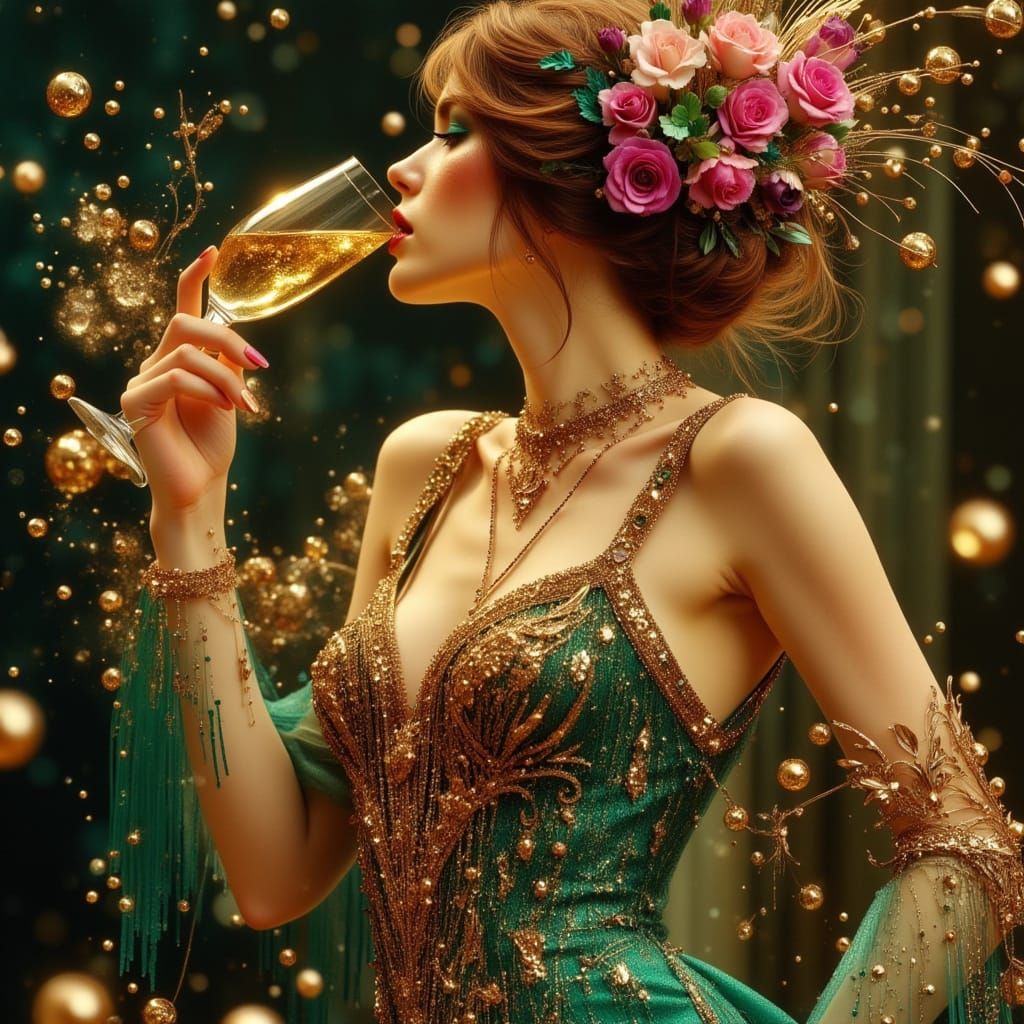 1920s Woman in Teal Gold Fuchsia Flapper Dress