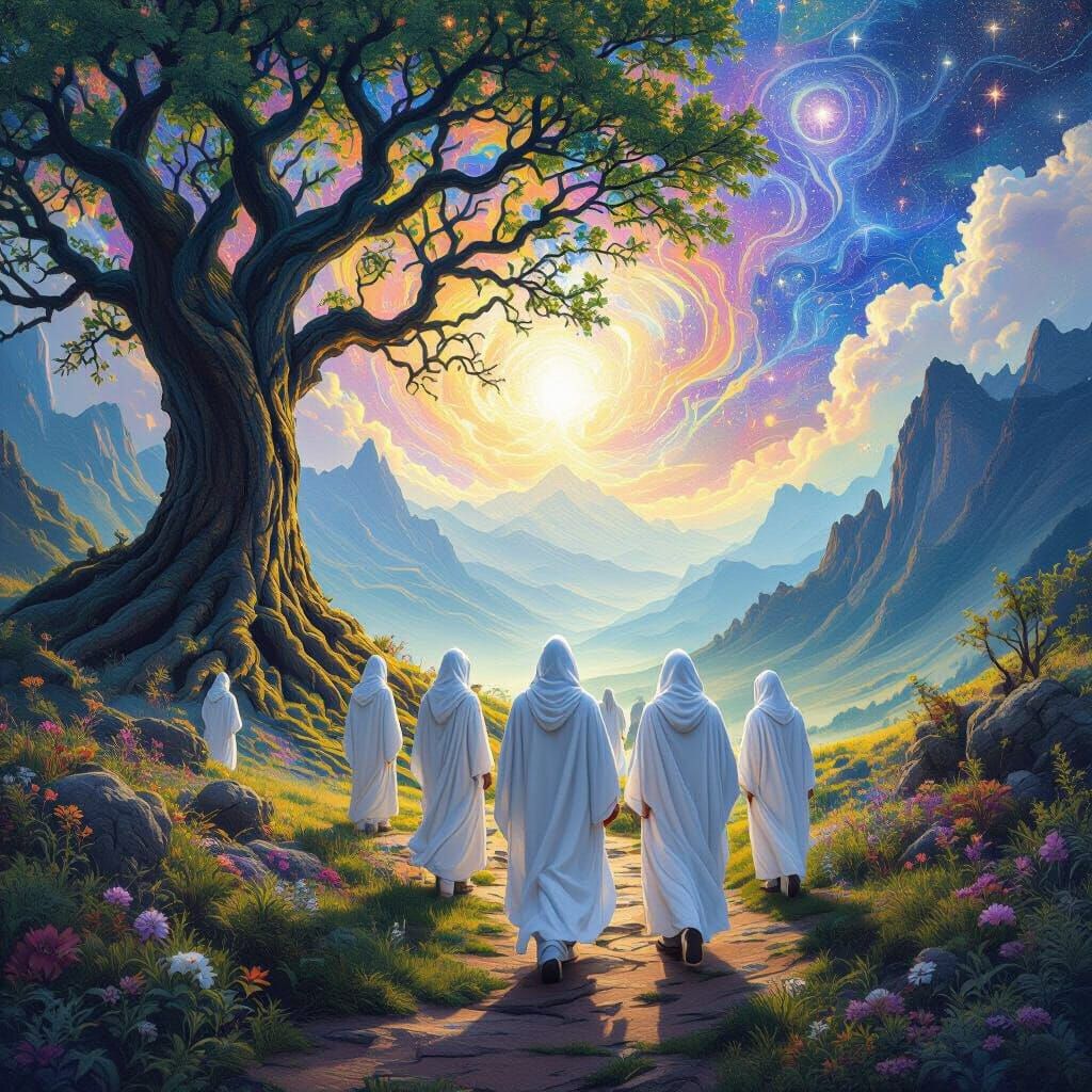 Mystical Figures Approach in Cosmic Landscape Illustration